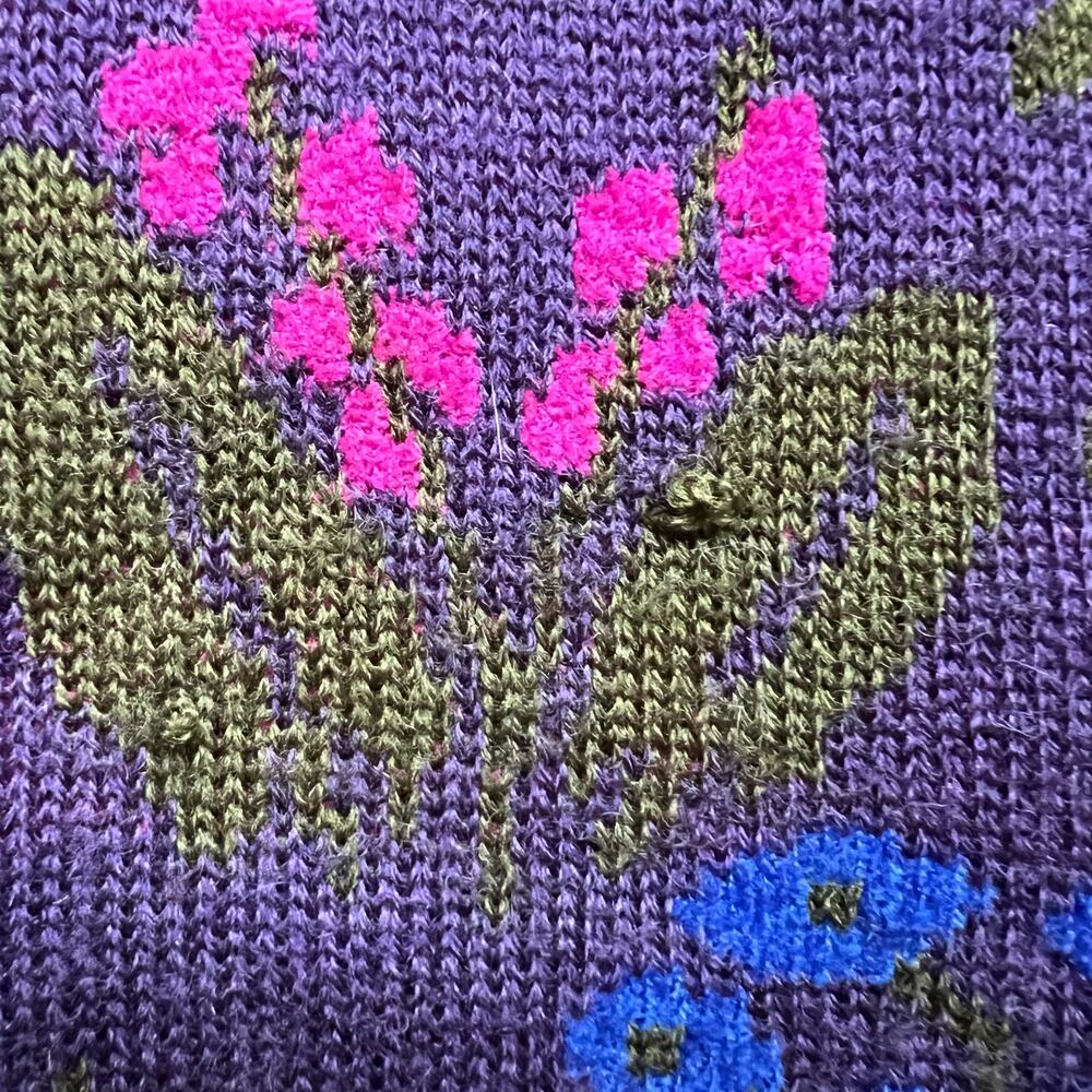 Vintage 80s Floral Pattern Mock Neck Purple Yellow Green Knit Sweater Geometric - Picture 10 of 11